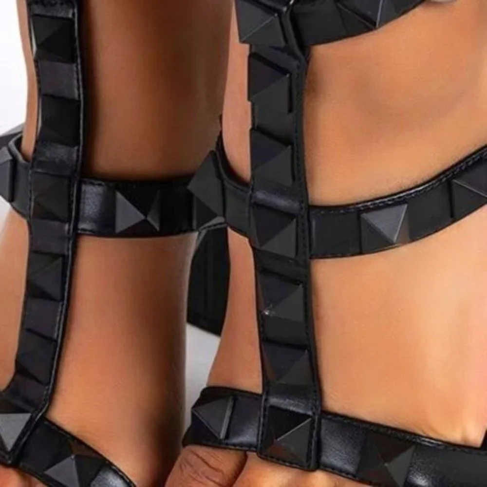 Stasia Black Rockstar: Studded Ankle Strap Chunky Heel Sandal  7 7.5 8.5 9 - Picture 2 of 6